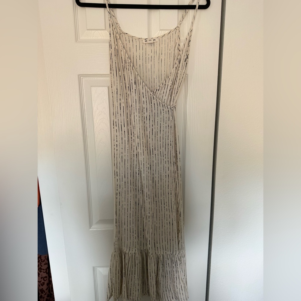 Neutral Beige Slip Dress with Vertical Stripe Detail